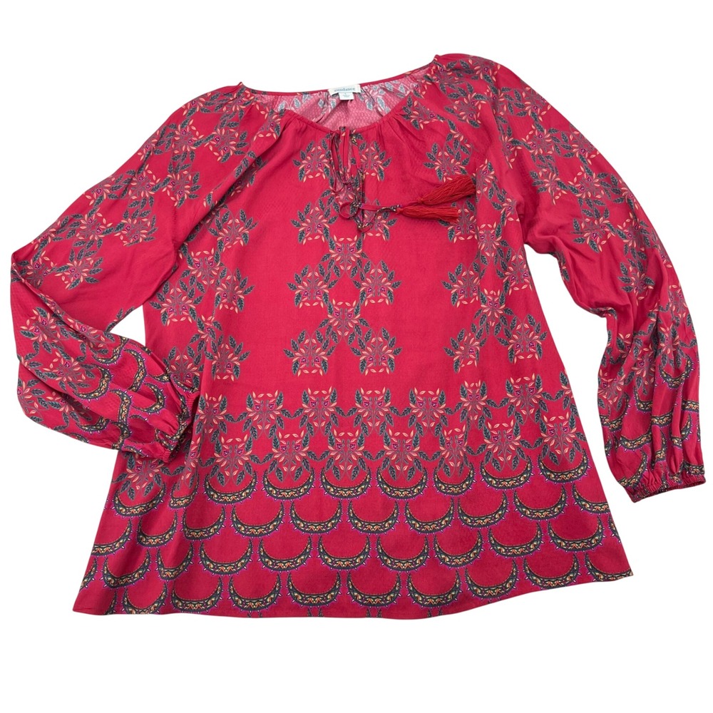 Sundance Red Floral Tassel Neck Tunic Blouse Women's Size Large Long Sleeves‎